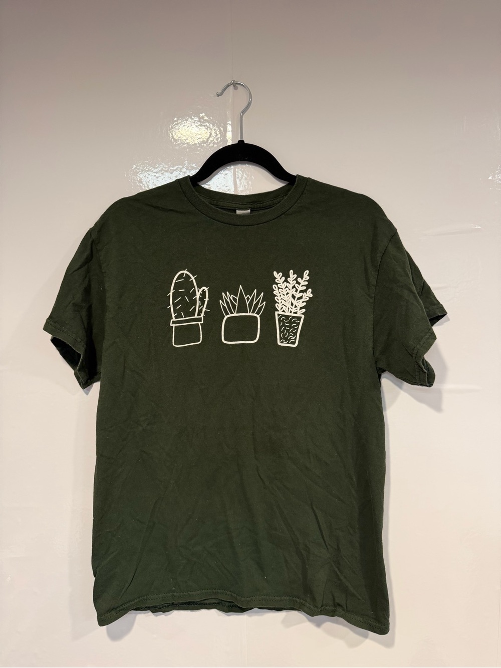 Dark Green Tee with White Potted Succulent Print‎ Speaking kindly quote